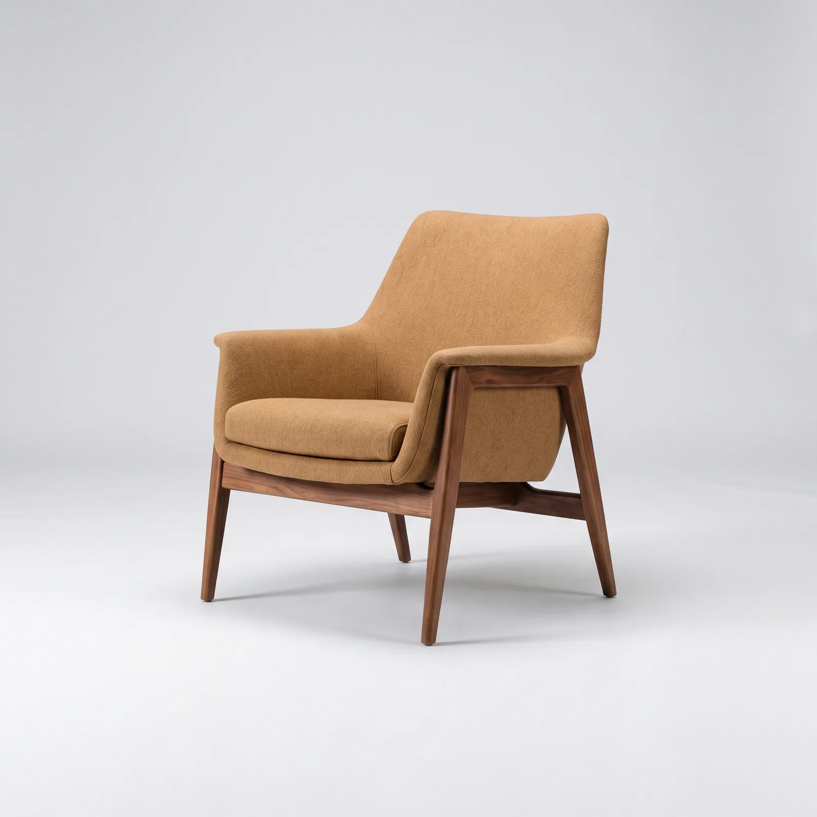 A tan upholstered mid-century lounge chair with a walnut frame, the source for the 3D model
