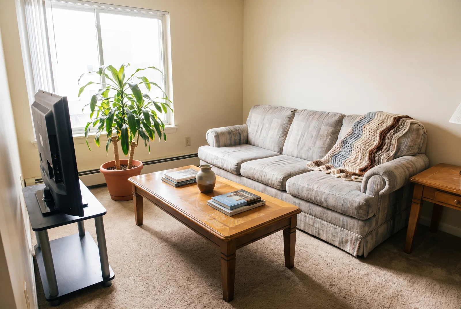A living room transformed into a bright, professional listing photo by RoomCast